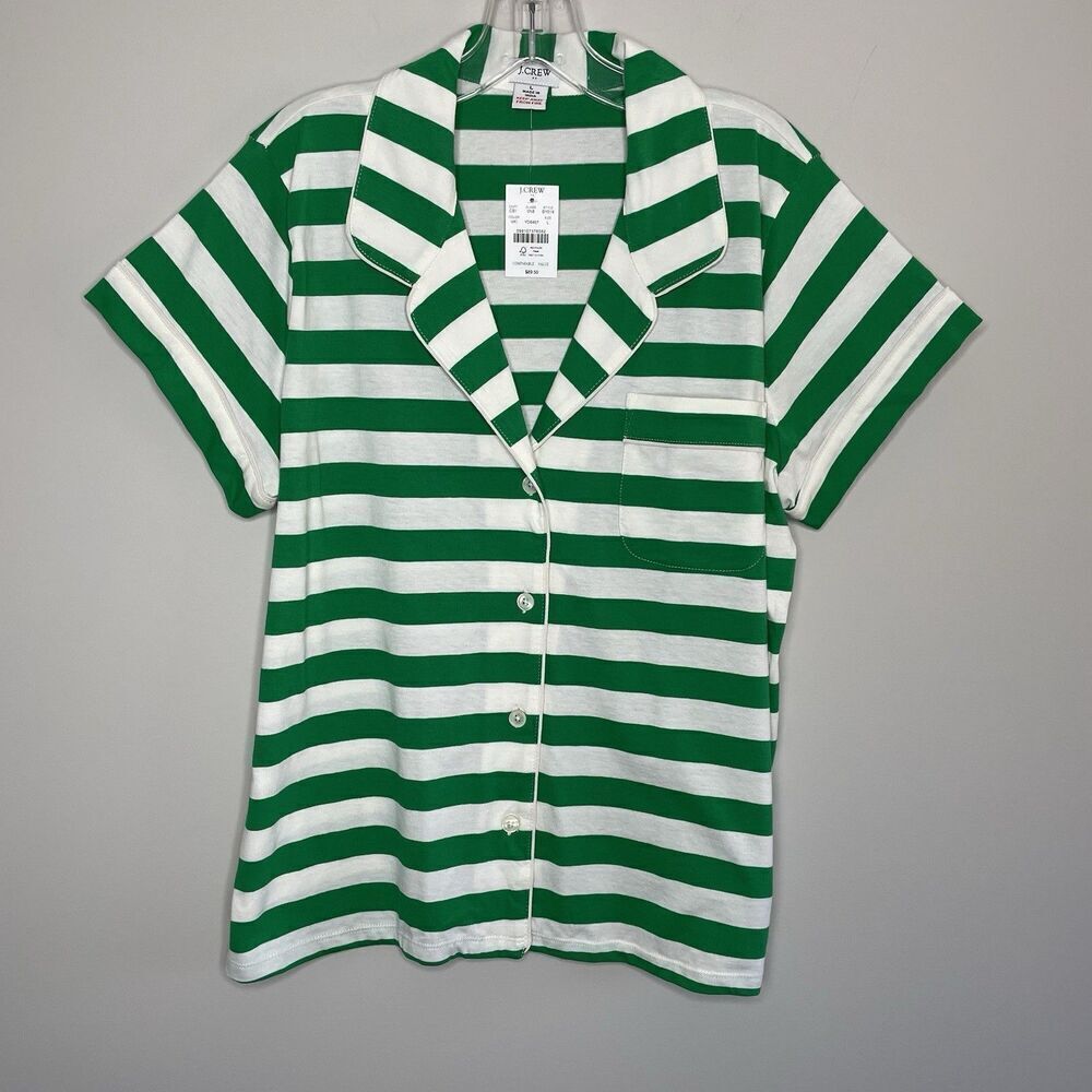 J.CREW PJ Top Women Large Cotton Knit NEW Green Stripe Pajama Short Sleeve BY019